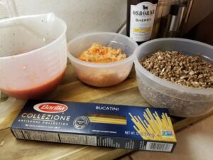 Vegetarian Bucatini Bolognese ingredients prepped and ready