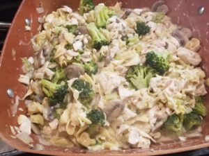 Turkey Tetrazzini cooking on the stovetop