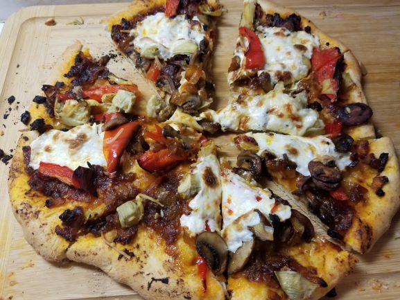 Homemade Pizza with Roasted Veggies and Fresh Mozzarella